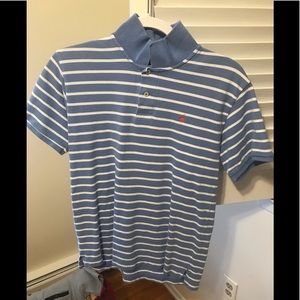 Blue and white striped polo shirt